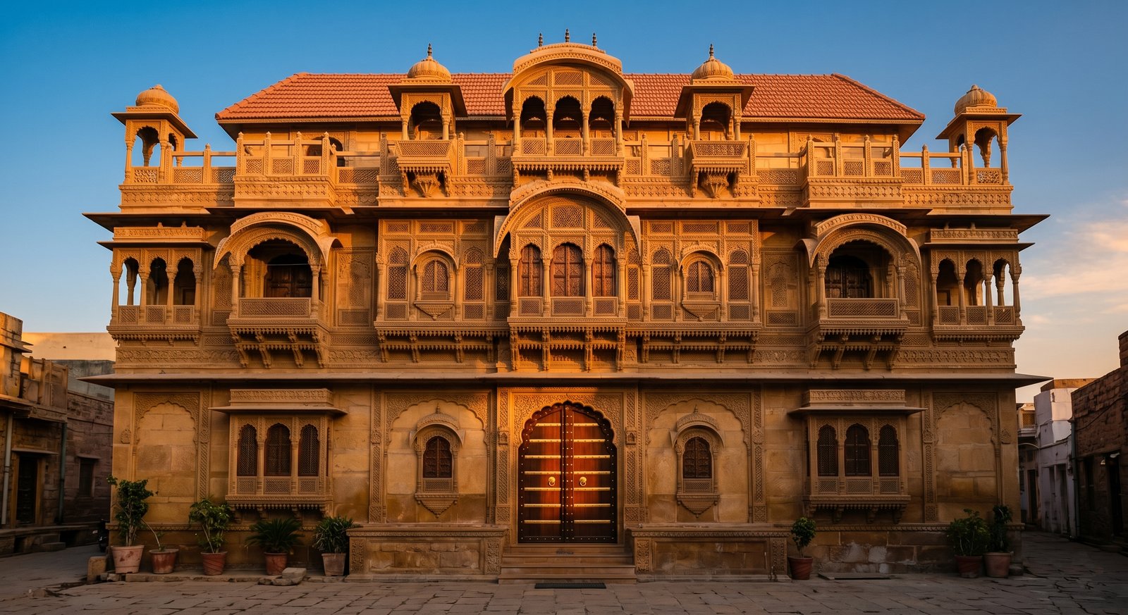 Grand Rajasthani haveli facade with sandstone carvings and arched entrance