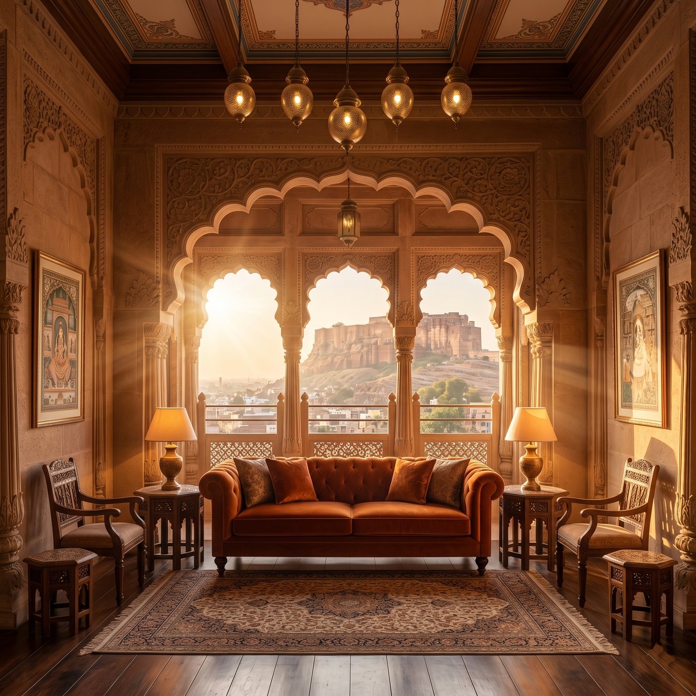 Luxury Rajasthani interior living space with arched windows and traditional craft